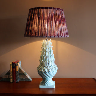Blue Decorative Table Lamp with Burgundy Pleated Shade in Lighting from Oriana B. www.orianab.com