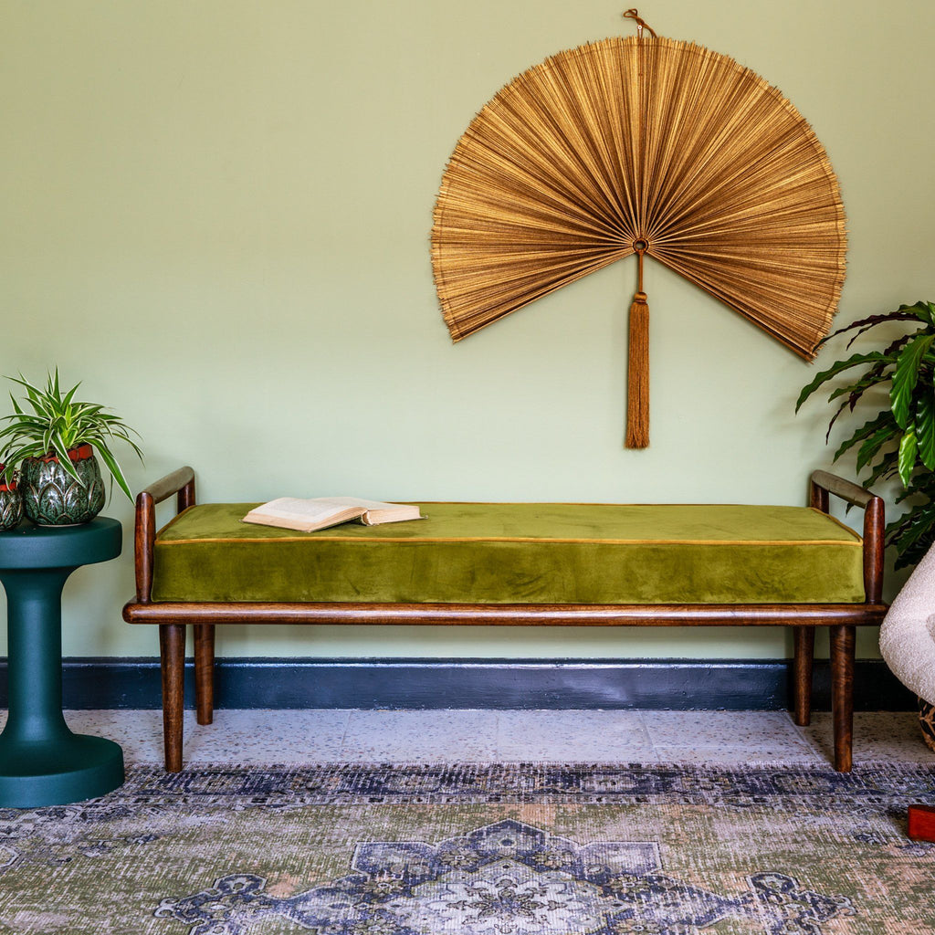 Olive Green Velvet Bench | Mango Wood