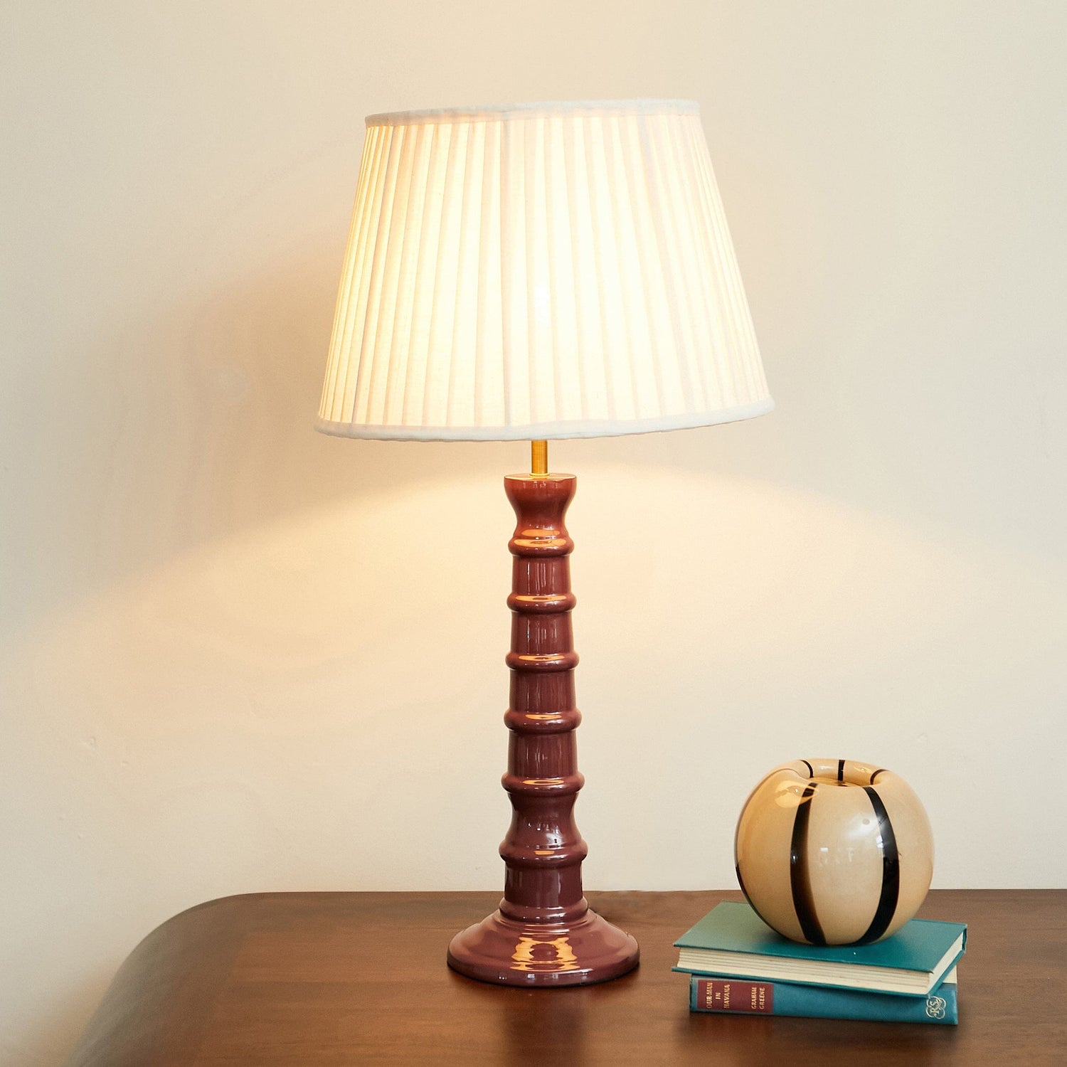 Burgundy Enamel Table Lamp Neutral Pleated Lampshade – Oriana B