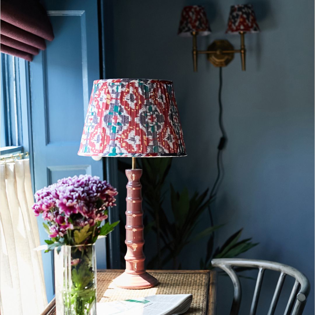 Burgundy Enamel Table Lamp Red Blue Pleated Lampshade – Oriana B