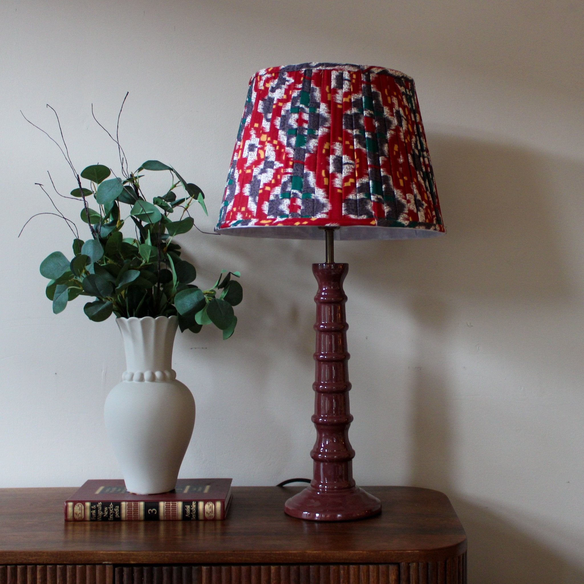 Burgundy Enamel Table Lamp Red Blue Pleated Lampshade – Oriana B