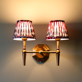 Double Brass Wall Light | Red & Blue Pleated Shade in Lighting from Oriana B www.orianab.com