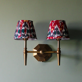 Double Brass Wall Light | Red & Blue Pleated Shade in Lighting from Oriana B www.orianab.com