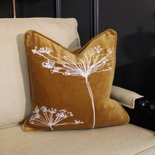 Embroidered Velvet Cushion | Mustard | 45x45 in Homewares from Oriana B. www.orianab.com