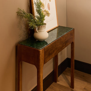 Petite Curved Wood Console Table | Green Marble in Furniture from Oriana B www.orianab.com
