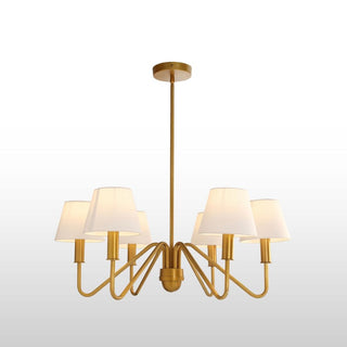 Six Arm Brass Chandelier | White Shades in Lighting from Oriana B www.orianab.com