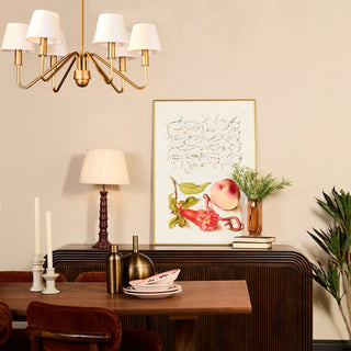 Six Arm Brass Chandelier | White Shades in Lighting from Oriana B www.orianab.com