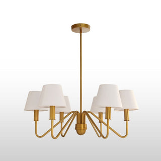 Six Arm Brass Chandelier | White Shades in Lighting from Oriana B www.orianab.com