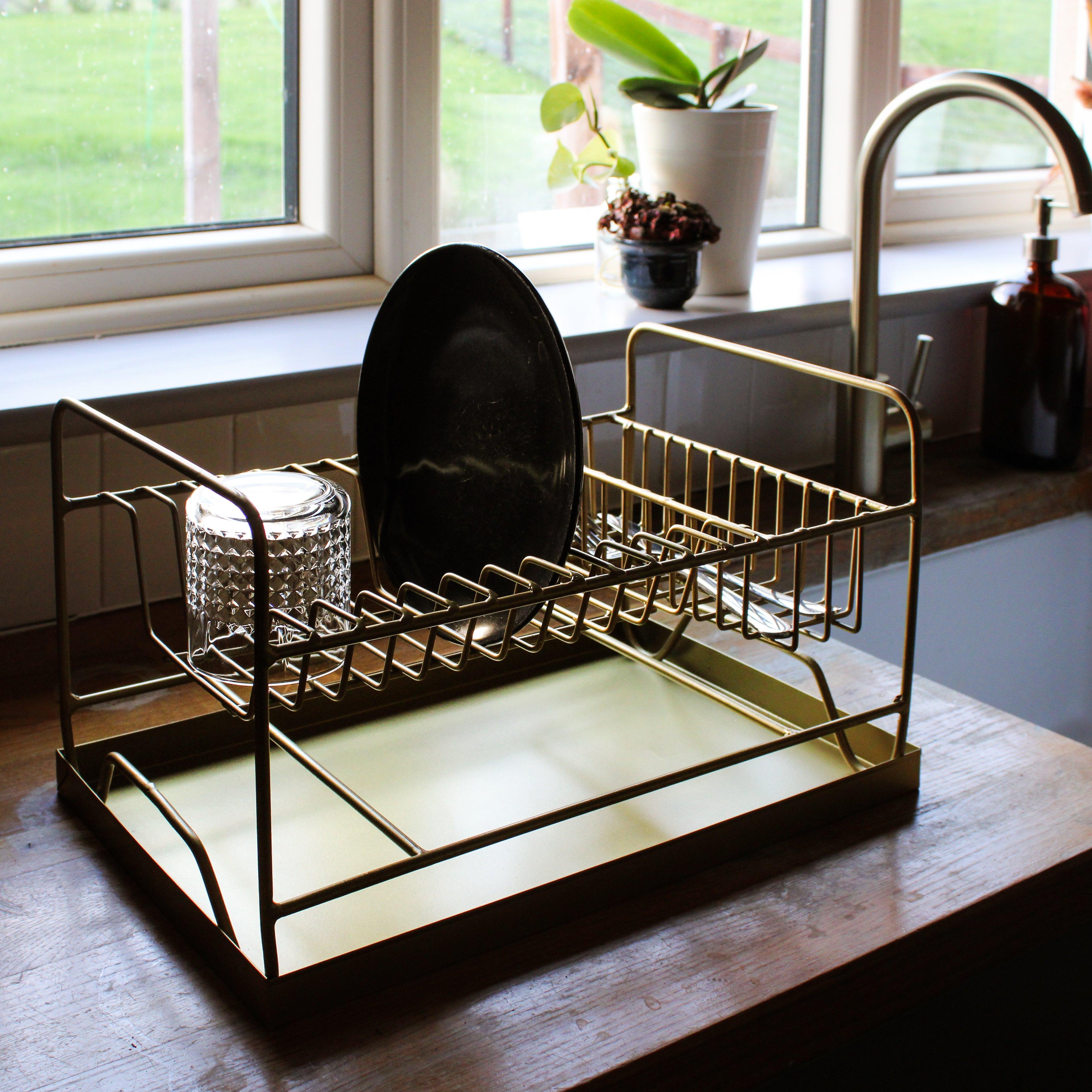 Antique Brass Gold Dish Rack with Tray, Metal Wire Washing Up Plates  Drainer 
