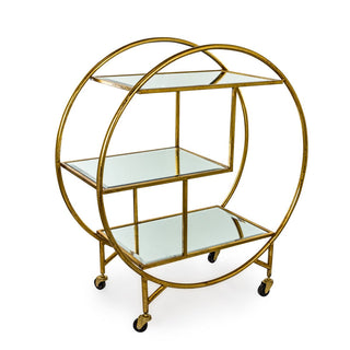 Antique Gold Round Metal Bar Cart with Mirror ShelvesOriana BFurniture