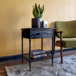 Black Antique Metal Bedside Table in Archived from Oriana B www.orianab.com