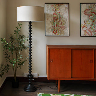 Black Bobbin Floor Lamp | Linen Shade in Lighting from Oriana B www.orianab.com