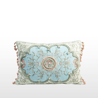 Blue & Pink Brocade Tassel Cushion | 40x60 in Archived from Oriana B www.orianab.com