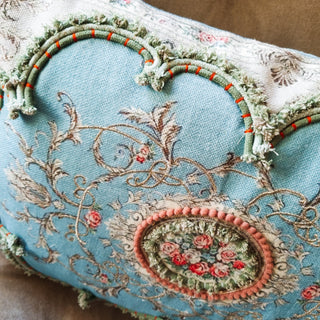 Blue & Pink Brocade Tassel Cushion | 40x60 in Archived from Oriana B www.orianab.com