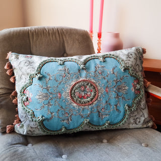 Blue & Pink Brocade Tassel Cushion | 40x60 in Archived from Oriana B www.orianab.com