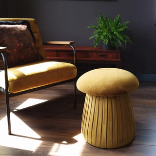 Velvet Mustard Mushroom Footstool in Furniture from Oriana B www.orianab.com