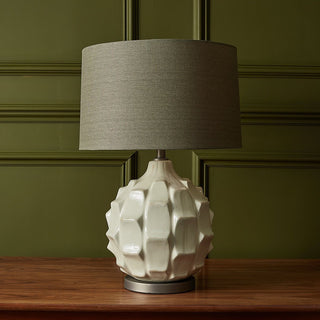 White Ceramic and Moss Linen Table Lamp in Archived from Oriana B www.orianab.com